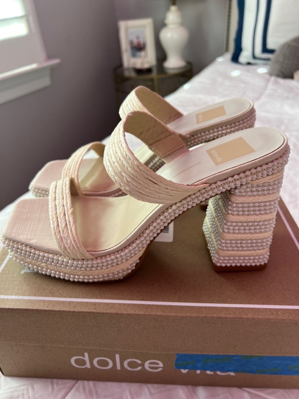 NWT-Dolce Vita Aliya Pearl Heels in Vanilla Raffia - Picture 1 of 8